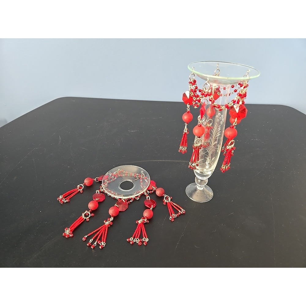 Pair Of Vintage Glass Bobeche Ruby Red w 4 Prisms Chandelier Candle Drip Holder